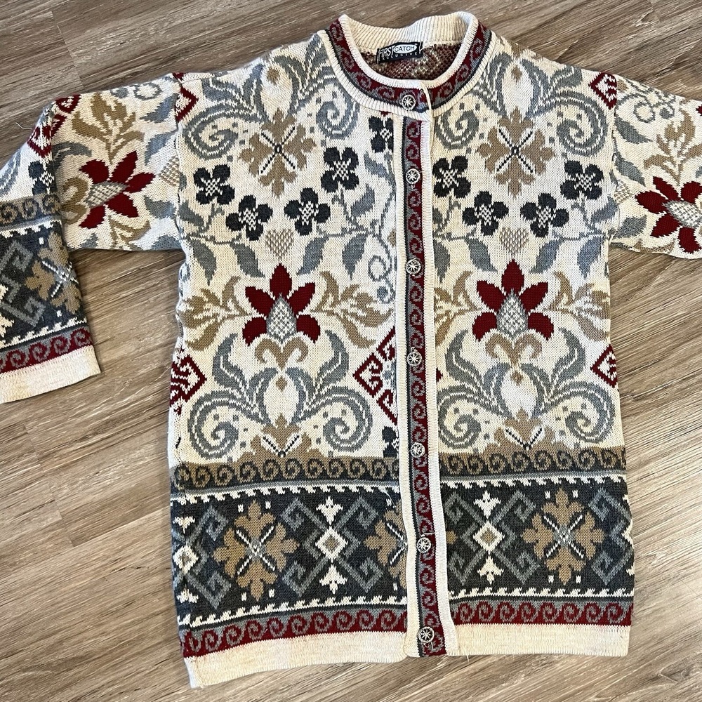 Vintage 80s 90s Cardigan Sweater Floral Geometric Colorful Retro Size M Novelty